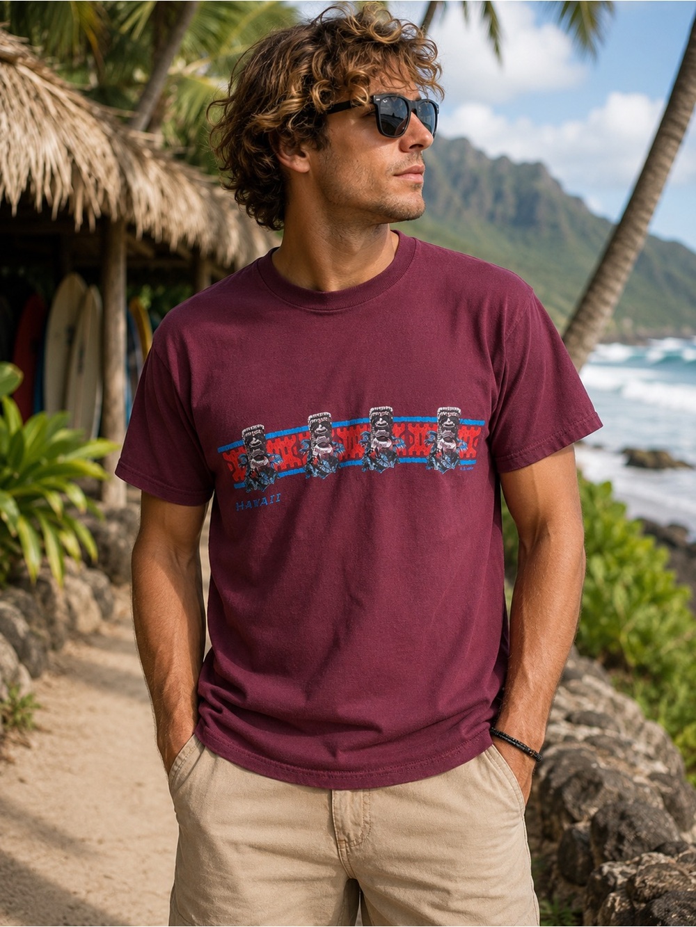 Vintage X-Treme Zone Hawaii Tiki Graphic T-Shirt Maroon 100% Cotton Size Large